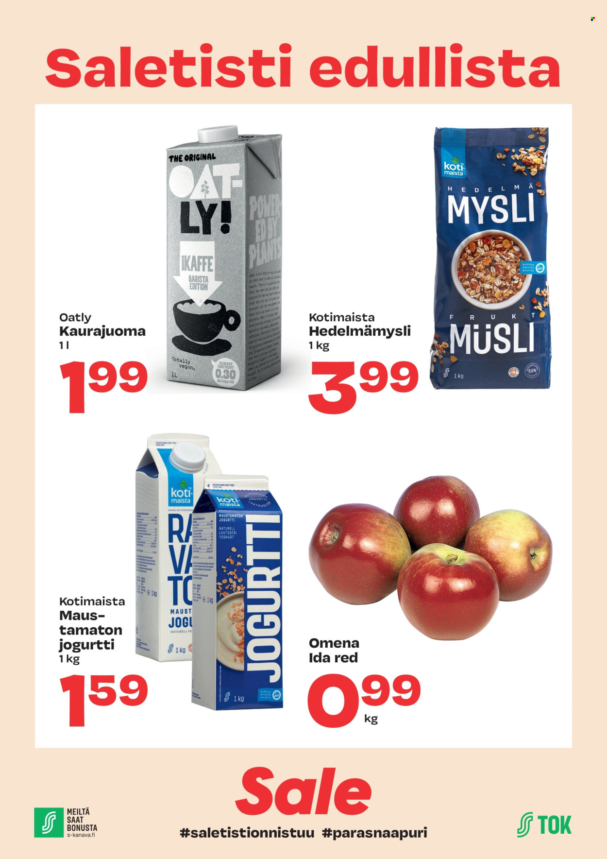 thumbnail - Sale tarjoukset  - Tarjoustuotteet - omena, jogurtit, mysli, kaurajuoma, vegan. Sivu 1.