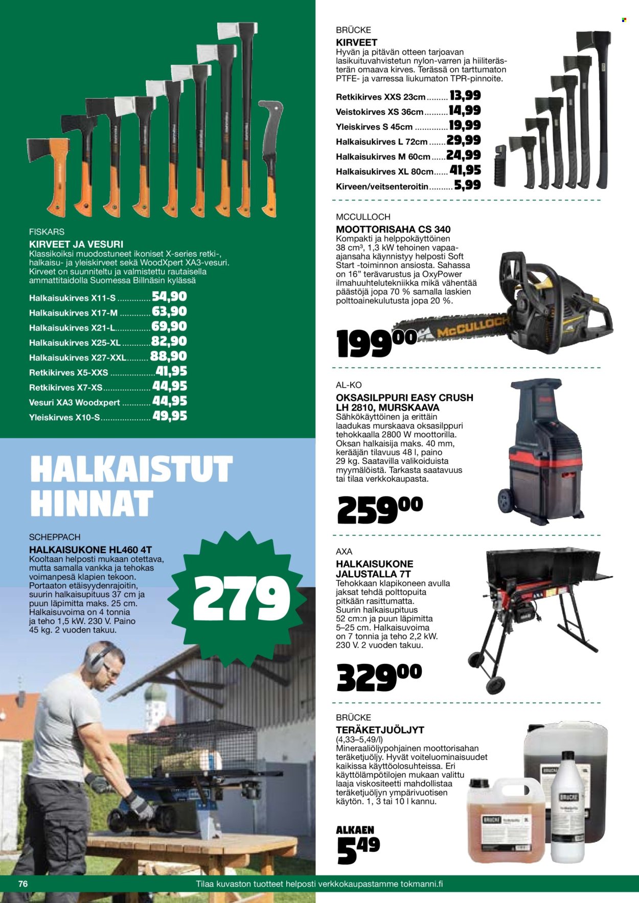 thumbnail - Tokmanni tarjoukset  - Tarjoustuotteet - Retki, Fiskars, veitsenteroitin, Brücke, kirves. Sivu 76.