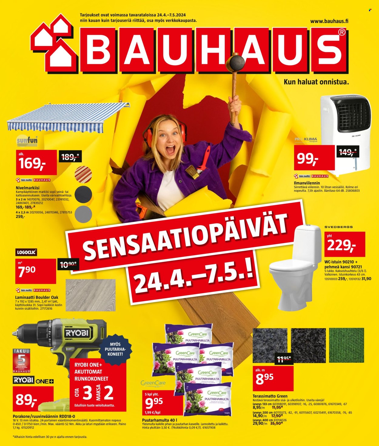 thumbnail - Bauhaus tarjoukset  - 24.04.2024 - 07.05.2024 - Tarjoustuotteet - kansi, ajastin, wc-istuin, laminaatti, Ryobi, akkukäyttöinen akku, porakone, ruuvinväännin, puutarhamulta. Sivu 1.