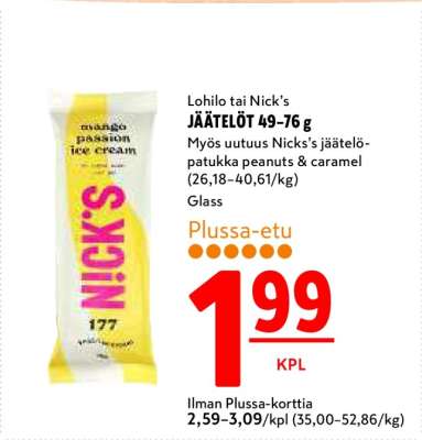 Lohilo tai Nick’s JÄÄTELÖT 49–76 g