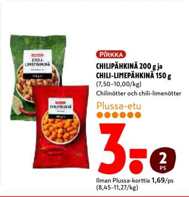 PIRKKA CHILIPÄHKINÄ 200 g ja CHILI-LIMEPÄHKINÄ 150 g