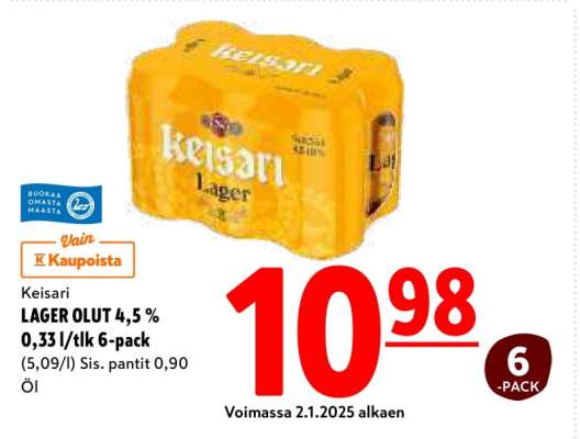 Keisari LAGER OLUT 4,5 % 0,33 l/tlk 6-pack