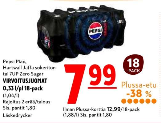 Pepsi Max, Hartwall Jaffa sokeriton tai 7UP Zero Sugar VIRVOITUSJUOMAT 0,33 l/pl 18-pack