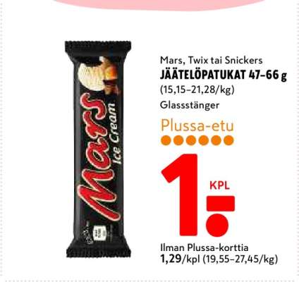 Mars, Twix tai Snickers JÄÄTELÖPATUKAT 47–66 g