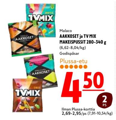 Malaco AAKKOSET ja TV MIX MAKEISPUSSIT 280–340 g