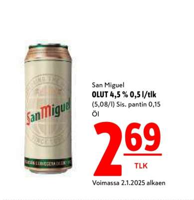 San Miguel OLUT 4,5 % 0,5 l/tlk
