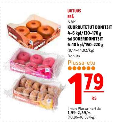 NAM KUORRUTETUT DONITSIT 4-6 kpl/120-170 g tai SOKERIDONITSIT 6-10 kpl/150-220 g