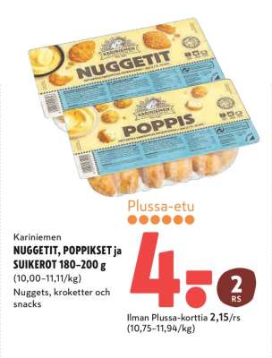 Kariniemen NUGGETIT, POPPIKSET ja SUIKEROT 180–200 g