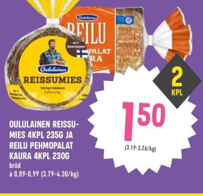 Oululainen Reissumies 4kpl 235g ja Reilu Pehmopalat Kaura 4kpl 230g