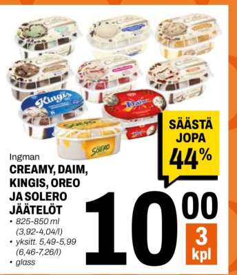 Ingman Creamy, Daim, Kingis, Oreo ja Solero Jäätelöt