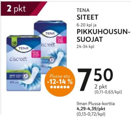 TENA SITEET 6-20 kpl ja PIKKUHOUSUNSUOJAT 24-34 kpl