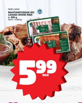 Snellman Maatiapossun Iso Lihaisa Spare Ribs