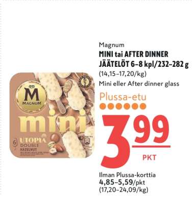 Magnum MINI tai AFTER DINNER JÄÄTELÖT 6–8 kpl/232–282 g