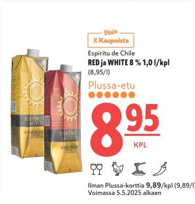 Espiritu de Chile RED ja WHITE 8 % 1,0 l/kpl