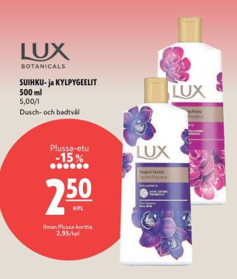 LUX BOTANICALS SUIHKU- ja KYLPYGEELIT 500 ml