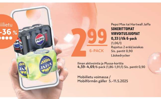 Pepsi Max tai Hartwall Jaffa SOKERITTOMAT VIRVOITUSJUOMAT 0,33 l/tlk 6-pack