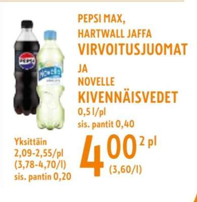 PEPSI MAX, HARTWALL JAFFA VIRVOITUSJUOMAT JA NOVELLE KIVENNÄISVEDET