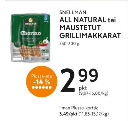 SNELLMAN ALL NATURAL tai MAUSTETUT GRILLIMAKKARAT