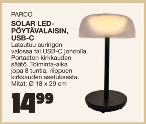 PARCO SOLAR LED-PÖYTÄVALAISIN, USB-C