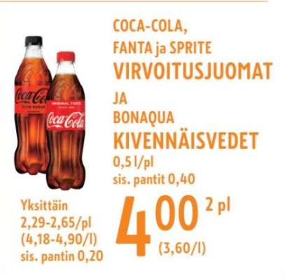 COCA-COLA, FANTA ja SPRITE VIRVOITUSJUOMAT JA BONAQUA KIVENNÄISVEDET