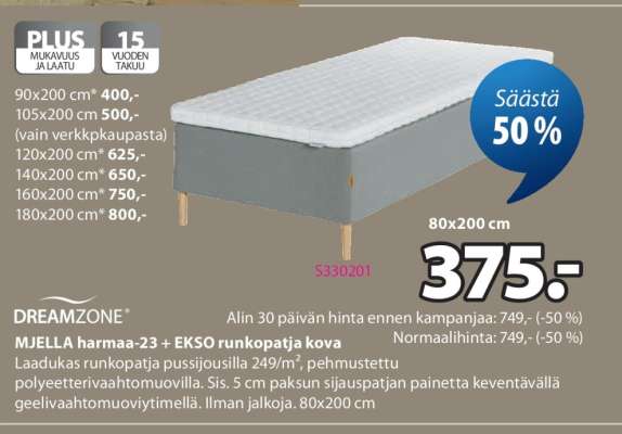 DREAMZONE MJELLA harmaa-23 + EKSO runkopatja kova