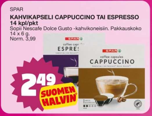 SPAR KAHVIKAPSELI CAPPUCCINO TAI ESPRESSO