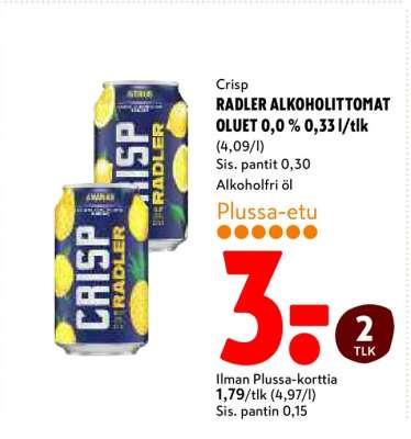Crisp RADLER ALKOHOLITTOMAT OLUET 0,0 % 0,33 l/tlk