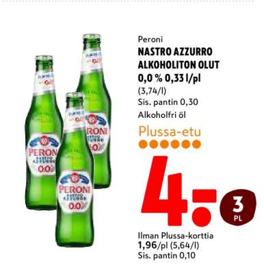 Peroni NASTRO AZZURRO ALKOHOLITON OLUT 0,0 % 0,33 l/pl