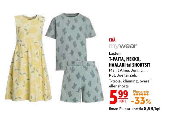 mywear Lasten T-PAITA, MEKKO, HAALARI tai SHORTSIT