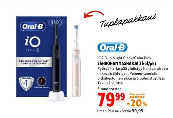 Oral-B iO2 Duo Night Black/Calm Pink SÄHKÖHAMMASHARJA 2 kpl/pkt