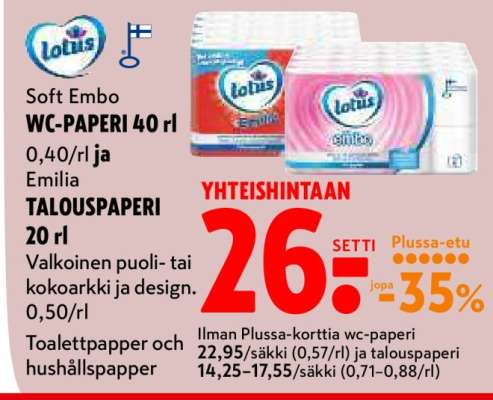 Lotus Soft Embo WC-PAPERI 40 rl ja Emilia TALOUSPAPERI 20 rl
