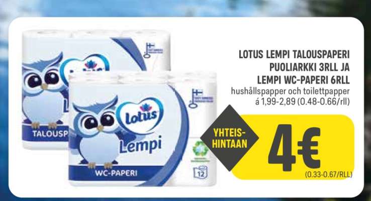 LOTUS LEMPI TALOUSPAPERI PUOLIARKKI 3RLL JA LEMPI WC-PAPERI 6RLL