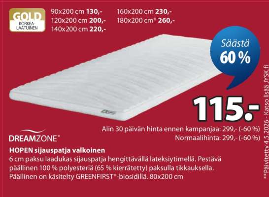 DREAMZONE HOPEN sijauspatja valkoinen