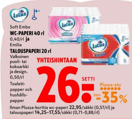 Soft Embo WC-PAPERI 40 rl ja Emilia TALOUSPAPERI 20 rl