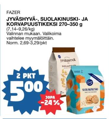 FAZER JYVÄSHYVÄ-, SUOLAKINUSKI- JA KORVAPUUSTIKEKSI