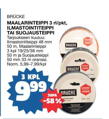 BRÜCKE MAALARINTEIPPI 3 rl/pkt, ILMASTOINTITEIPPI TAI SUOJAUSTEIPPI