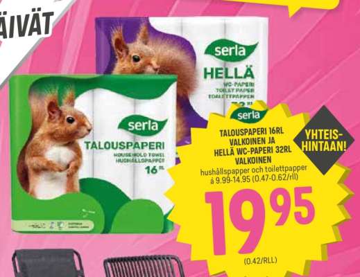 TALOUSPAPERI 16RL VALKOINEN JA HELLÄ WC-PAPERI 32RL VALKOINEN