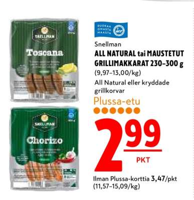Snellman ALL NATURAL tai MAUSTETUT GRILLIMAKKARAT 230–300 g