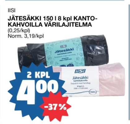 JÄTESÄKKI 150 l 8 kpl KANTO-KAHVOILLA VÄRILAJITELMA