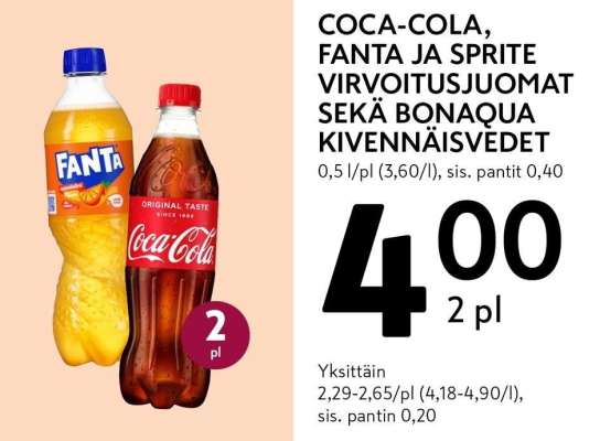 COCA-COLA, FANTA JA SPRITE VIRVOITUSJUOMAT SEKÄ BONAQUA KIVENNÄISVEDET