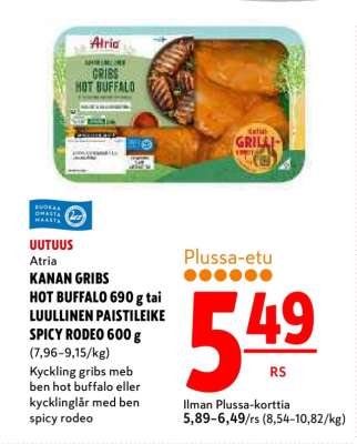 Atria KANAN GRIBS HOT BUFFALO 690 g tai LUULLINEN PAISTILEIKE SPICY RODEO 600 g