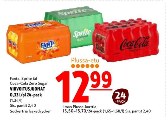 Fanta, Sprite tai Coca-Cola ZERO SUGAR VIRVOITUSJUOMAT 0,33 l/pl 24-pack