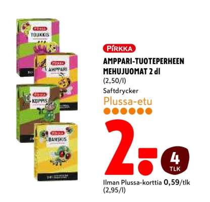 Pirkka Amppari-tuoteperheen mehujuomat 2 dl