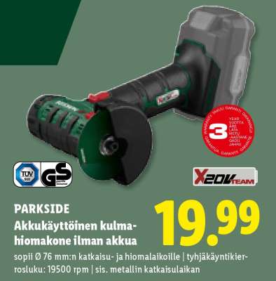 PARKSIDE Akkukäyttöinen kulmahiomakone ilman akkua