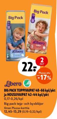 Libero Big Pack TEIPPIVAIPAT 48-66 kpl/pkt ja HOUSUVAIPAT 42-44 kpl/pkt