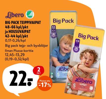 Libero Big Pack TEIPPIVAIPAT 48-66 kpl/pkt ja HOUSUVAIPAT 42-44 kpl/pkt