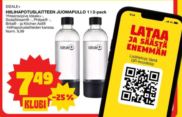 IDEALE+ HIILIHAPOTUSLAITTEEN JUOMAPULLO 1 l 2-pack