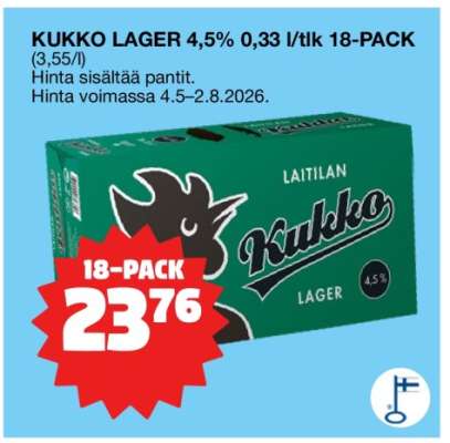KUKKO LAGER 4,5% 0,33 l/tlk 18-PACK