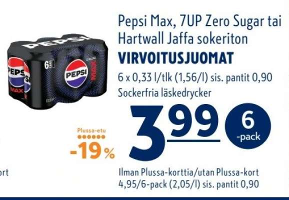 Pepsi Max, 7UP Zero Sugar tai Hartwall Jaffa sokeriton
