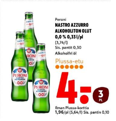 Peroni NASTRO AZZURRO ALKOHOLITON OLUT 0,0 % 0,33 l/pl